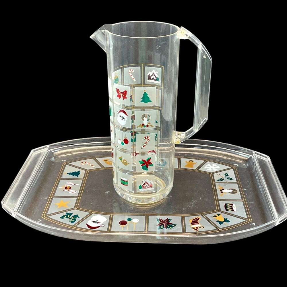 Vintage Culver Acrylic Window Pane Christmas Pitcher and Tray Platter